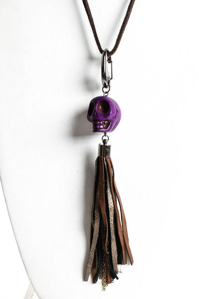 Designer Womens Purple Stone Skull Pendant Fringe Cord Necklace