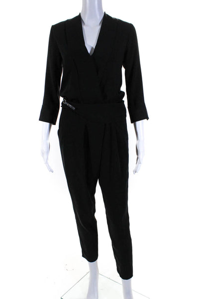 Atos Lombardini Womens Black V-neck Open Back Long Sleeve Belted Jumpsuit Size38