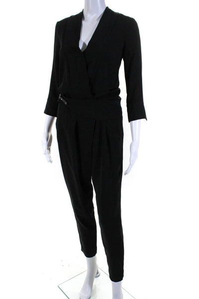 Atos Lombardini Womens Black V-neck Open Back Long Sleeve Belted Jumpsuit Size38