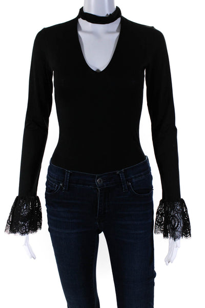 Cinq à Sept Womens Black V-neck Lace Cuff Long Sleeve Bodysuit Size 0