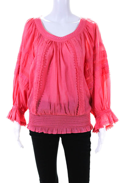 Ramy Brook Womens Puff Sleeve Pintuck Embroidered Top Blouse Pink Size Small