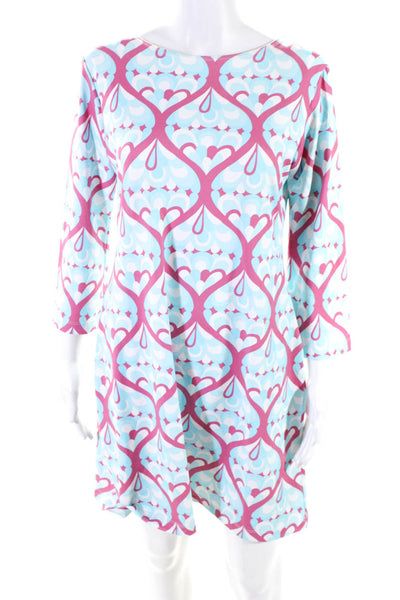 Melly M Womens 3/4 Sleeve Scoop Neck Abstract Shift Dress Blue White Pink Medium