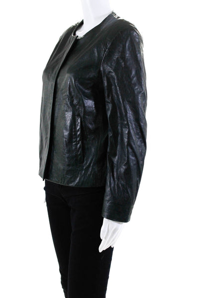 Rene Lezard Womens Crew Neck Zip Front Solid Leather Jacket Green Size 40