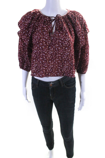 A Piece Apart Womens Floral Bishop Sleeve Cropped Tied Blouse Burgundy Size XS