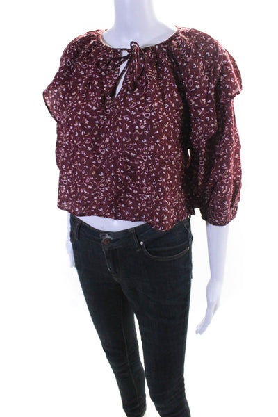A Piece Apart Womens Floral Bishop Sleeve Cropped Tied Blouse Burgundy Size XS