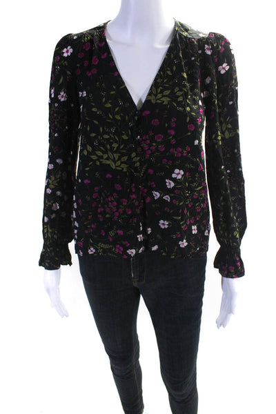 Joie Womens Floral High-Low Buttoned Flounce Sleeve Blouse Black Size 2XS