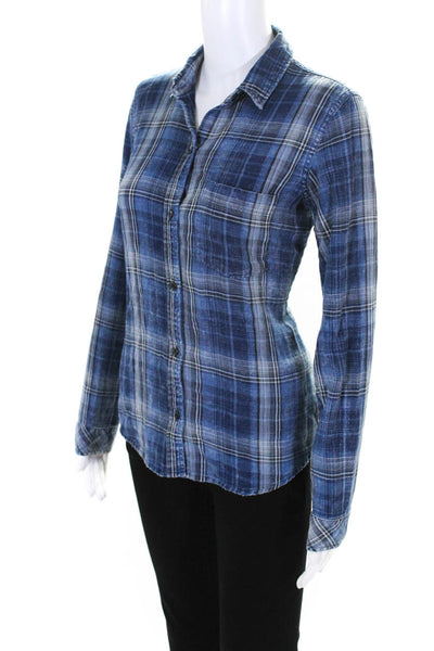 Current/Elliott Womens Cotton Plaid Button Up Collared Blouse Top Blue Size 0
