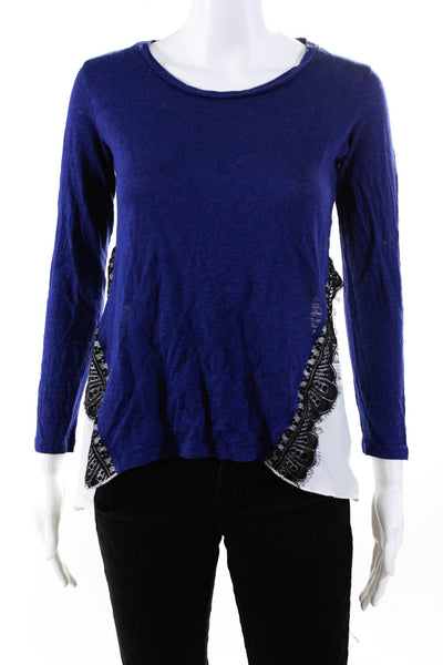 Sandro Womens Colorblock Lace Scoop Neck High Low Shirt Blue White Size 2