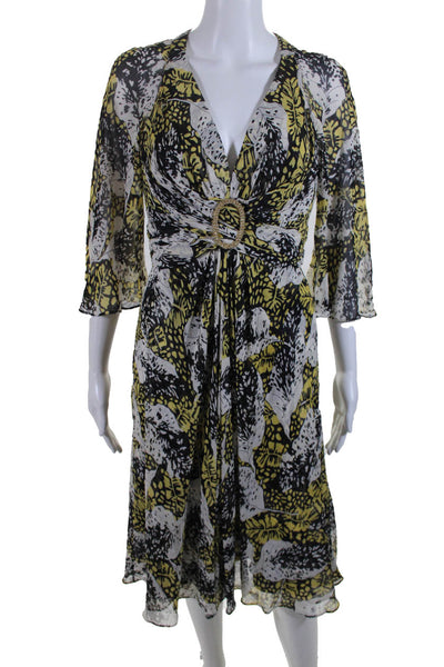 Donna Ricco Women's Silk Floral Print V Neck Midi Dress Yellow Black Size 6
