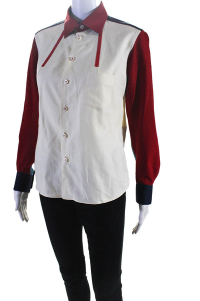 Shiro Sakai Womens Color Block Woven Shirt Blouse Ivory Red Navy Size Large