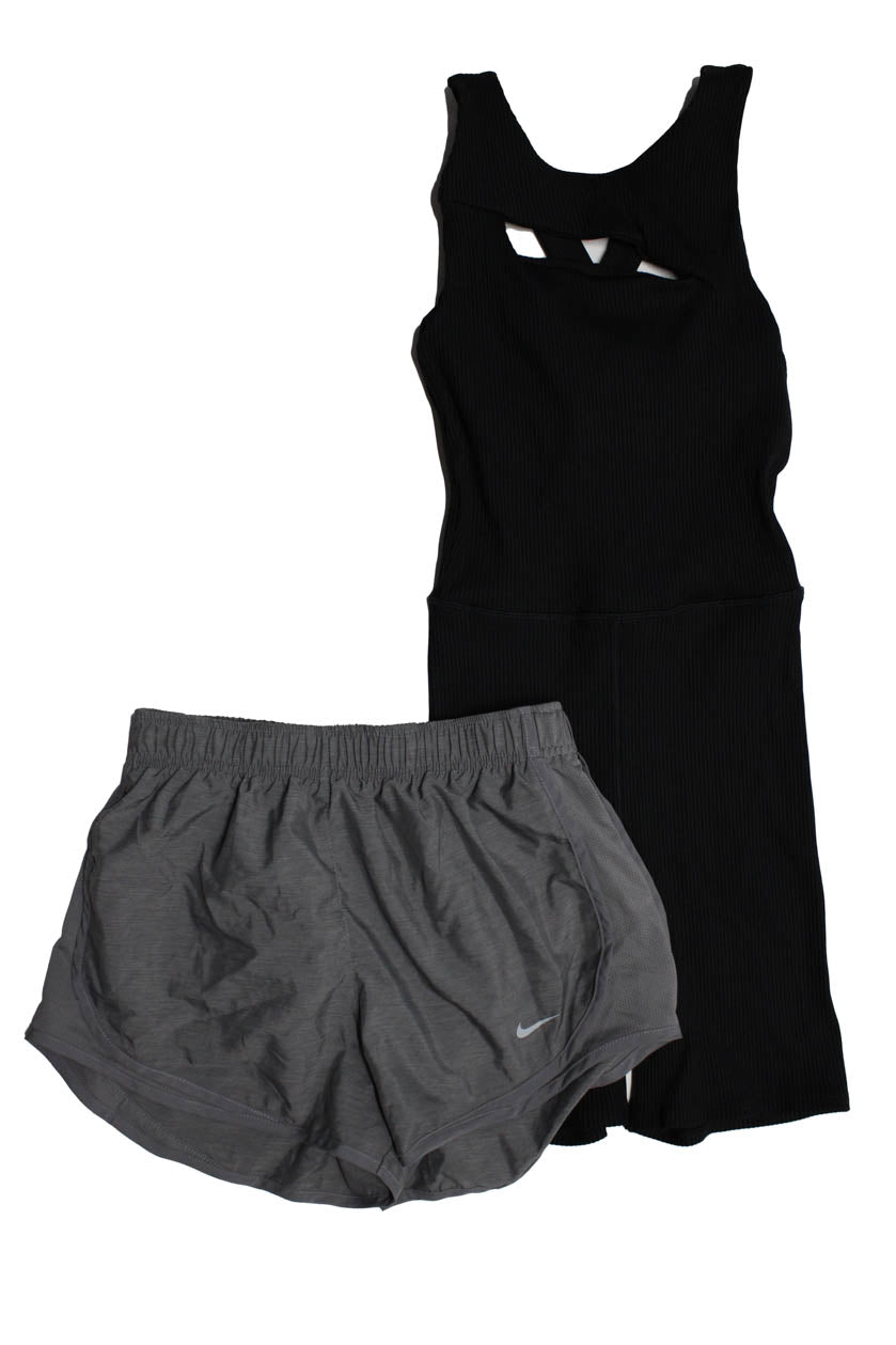 Nike Carbon 38 Womens Smocked Solid Shorts Tank Top Gray Black