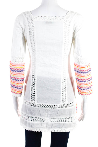 Letarte Womens Square Neck Crochet Striped Cotton Blouse Top White Size XS