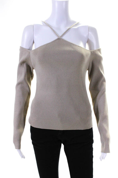 The Shoppe Women's Cold Shoulder Ribbed Halter Neck Top Beige Size L