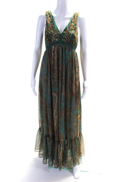 Ranna Gill Womens Paisley Print Sequin Embroidered A-Line Dress Green Size 0