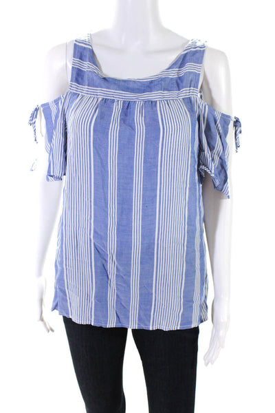 Drew Womens Blue Striped Cold Shoulder Short Sleeve Blouse Top Size S