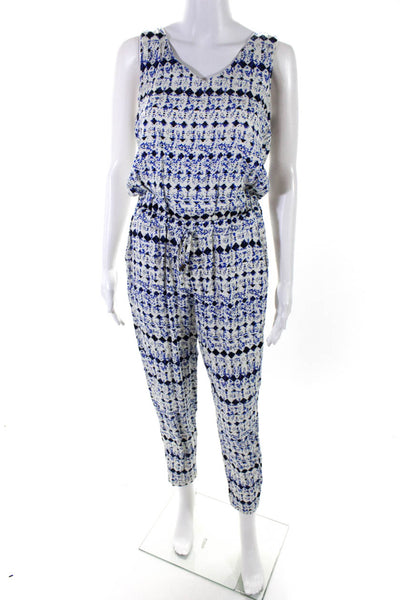 Ella Moss Womens White Blue Printed Scoop Neck Straight Leg Jumpsuits Size S