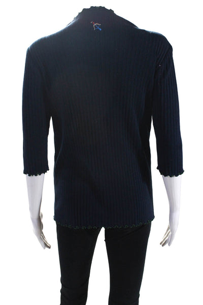 Designer Womens Ribbed Knit 3/4 Sleeve Mock Neck Sweatshirt Navy Blue Size Small