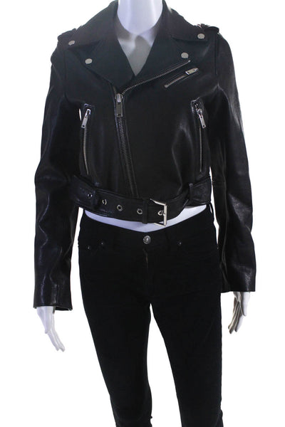Borboniana Womens Front Zip Collared Leather Motorcycle Jacket Black Size Small