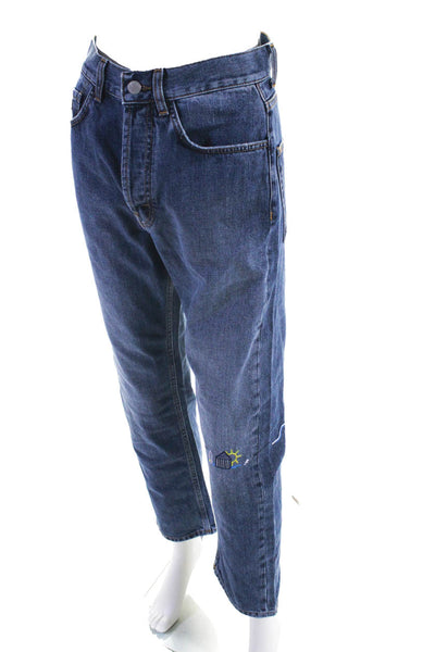 Nick Fouquet Womens Button Fly High Rise Embroidered Straight Jeans Blue IT 36