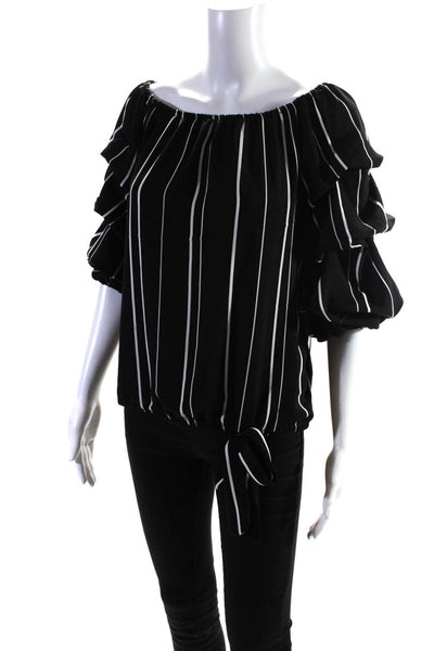 Vince Camuto Women's Striped Off Shoulder Ruffle Sleeve Blouse Black Size S