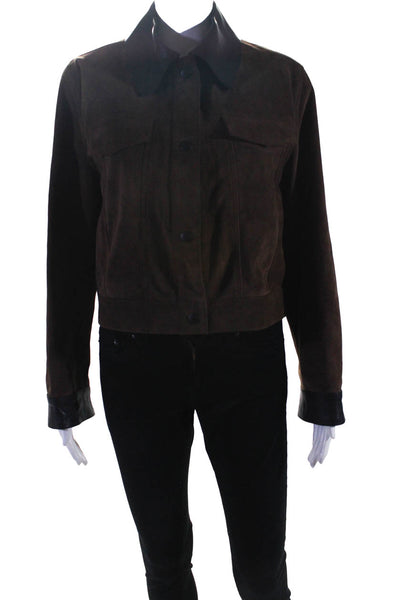 Borboniana Womens Button Front Collared Short Suede Jacket Brown Black Small
