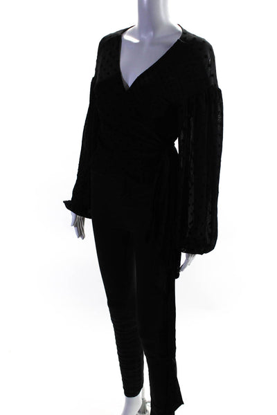 Tularosa Women's Polka Dot Long Sleeve V Neck Blouse Black Size M