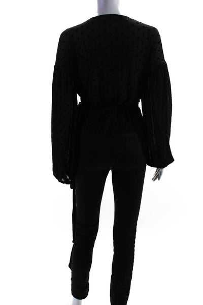 Tularosa Women's Polka Dot Long Sleeve V Neck Blouse Black Size M