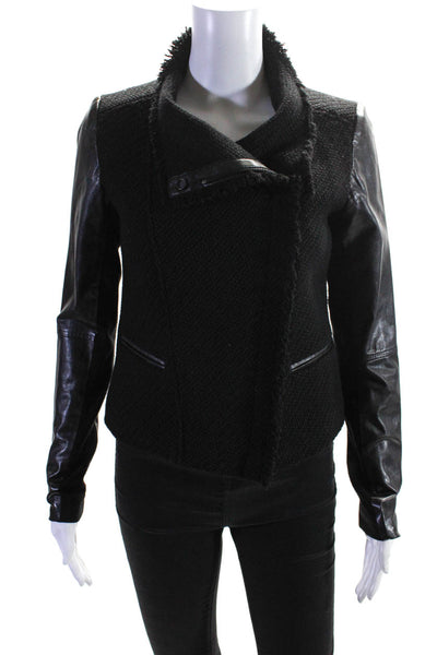 Vince Womens Leather Sleeve Woven Fringe Asymmetrical Jacket Black Size XS