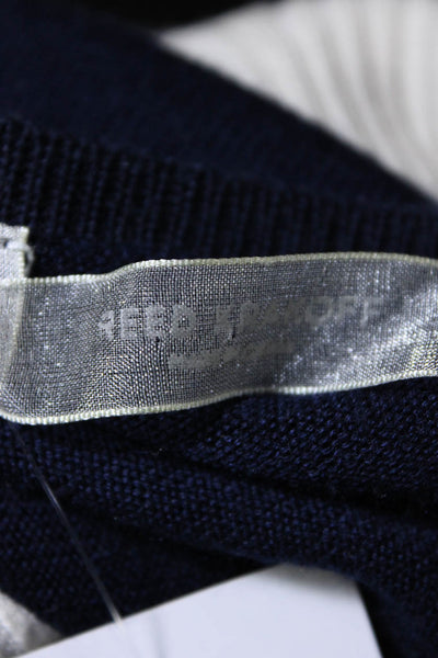 Reed Krakoff Womens Long Sleeve Ribbed V Neck Sweatshirt White Navy Blue Small