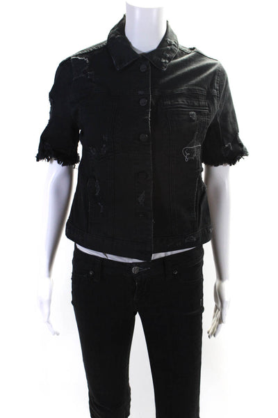 Genetic Womens Button Front Short Sleeve Distressed Jean Jacket Black Size Small
