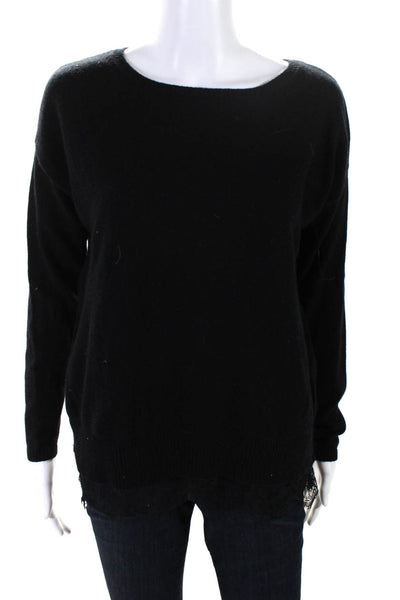 By Bloomingdale's Women Cashmere Lace Trim Long Sleeve Sweater Black Size Medium