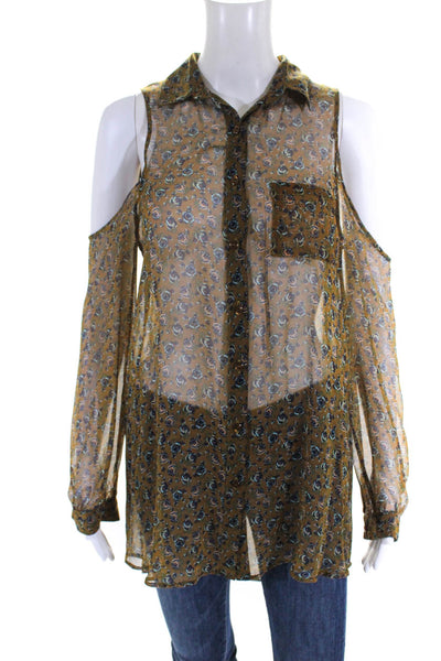 Elle Lauri Womens Silk Floral Print Cold Shoulder Button Up Blouse Brown Size S