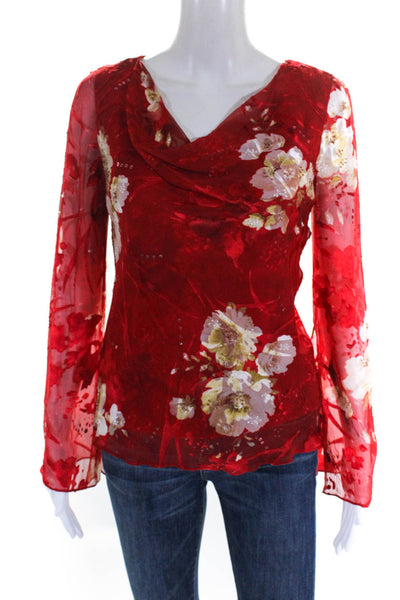 Papell Boutique Womens Floral Print Cowl Neck Long Sleeve Blouse Red Size S