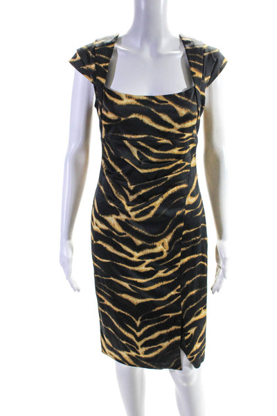 Karen Millen Womens Animal Print Ruched Sheath Dress Black Brown Size 8