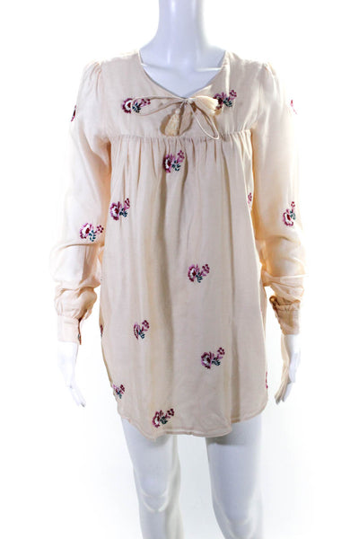 Tularosa Womens Embroidered Floral Y Neck Mini Shift Dress Ivory Silk Size XS