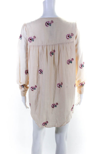 Tularosa Womens Embroidered Floral Y Neck Mini Shift Dress Ivory Silk Size XS