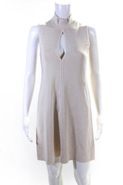 Designer Women's Mock Neck Keyhole Sleeveless Shift Dress Beige Size 4