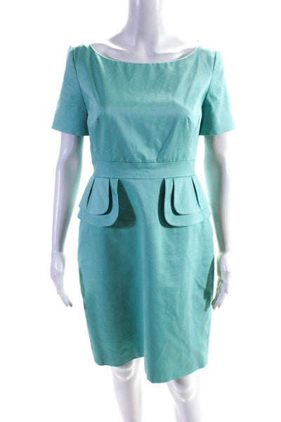 Karen Millen Womens Short Sleeve Peplum Dress Turquoise Blue Cotton Size 8