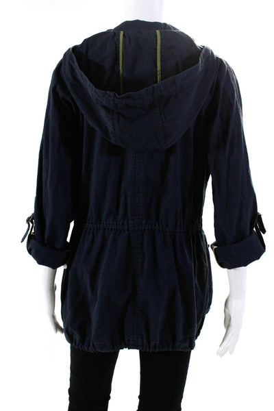 Willow & Clay Womens Drawstring Hood Button Long Sleeve Zip Jacket Navy Size M