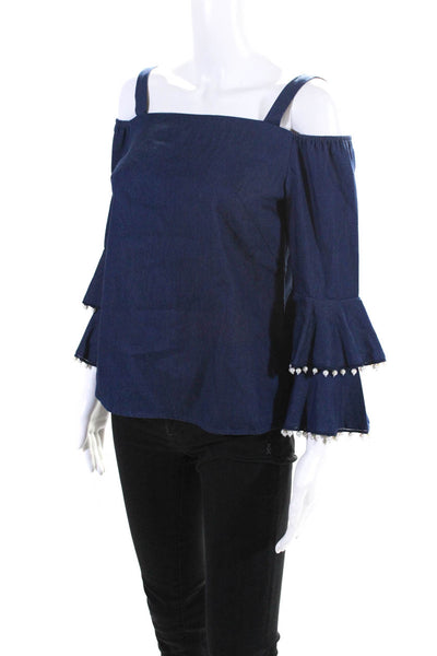 Intermix Women's Cotton Embellished Off Shoulder Top Blue Size S