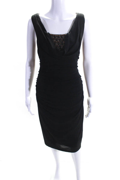 David Meister Womens Scoop Neck Beaded Ruched Solid Midi Dress Black Size 6