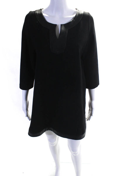 Elle Lauri Womens V Neck Solid Leather Trim Midi Dress Black Size Medium
