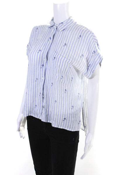Rails Womens Blue Linen Striped Mermaid Collar Short Sleeve Blouse Top Size XS