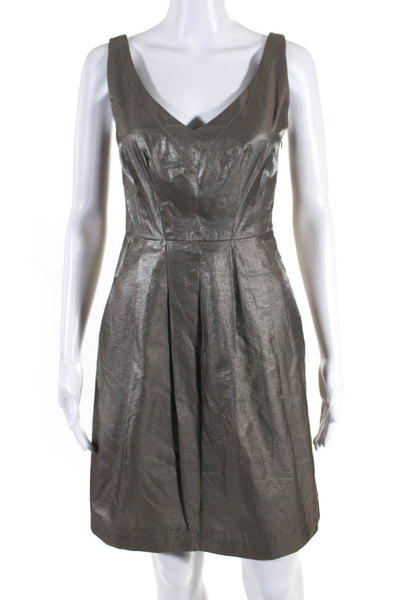 Yoana Baraschi Womens V Neck Pleated A Line Dress Gray Cotton Size 4