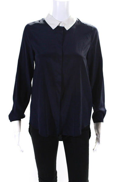 DKNY Womens Silk Hidden Placket Button Up Blouse Navy Blue White Size P