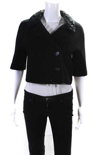 DKNY Womens Wool Sequin Collar Double Breasted Cropped Blazer Black Size S