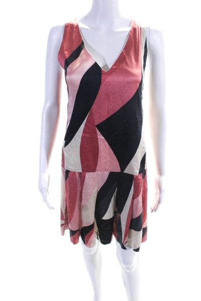 Theory Womens Sleeveless V Neck Abstract Silk Tatyana Dress Pink White Black 6