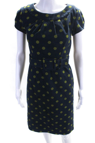 Boden Womens Side Zip Short Sleeve Belted Polka Dot Dress Navy Blue Green Size 2