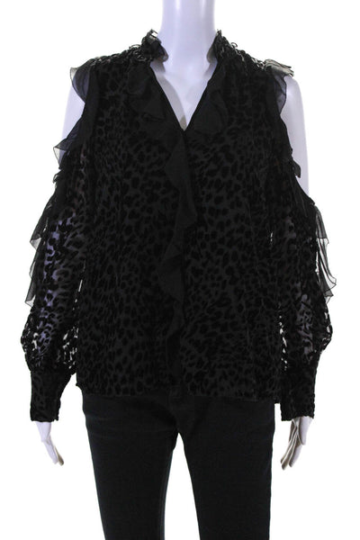 Parker Womens Burnout Velvet Leopard Print Ruffle Top Blouse Black Size Small