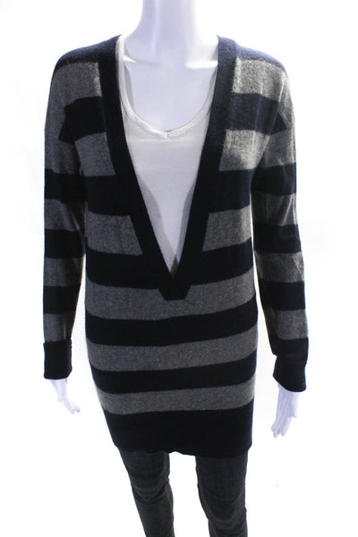 Vince Womens Navy Gray Cashmere Striped V-neck Long Sleeve Sweater Top Size M